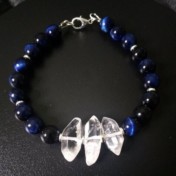 Blue Dye TigersEye & Quartz Crystal Bracelet - 7-7.5" Wrist - Stunning Colors! - Picture 1 of 9